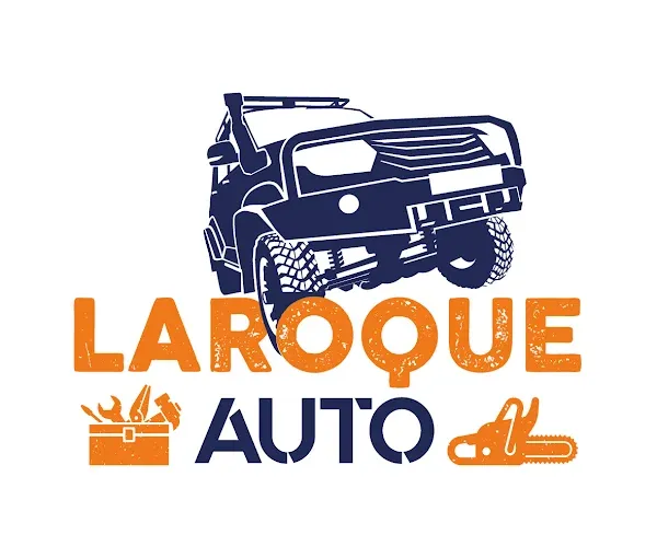 Logo de Laroque Auto avec un 4x4 stylisé et des pictogrammes d’outillage mécanique.