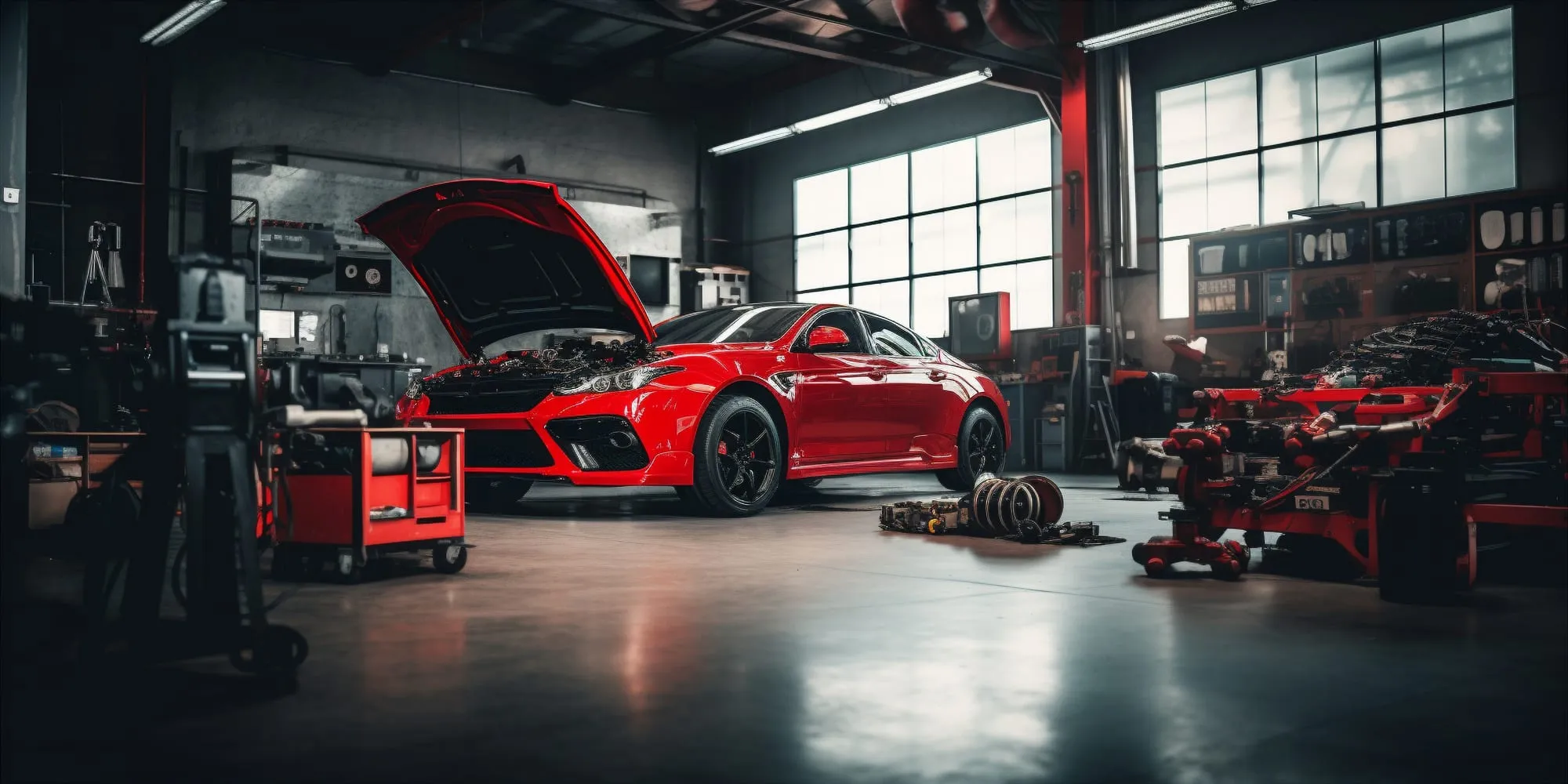 Voiture rouge au capot ouvert dans un atelier de garage automobile.